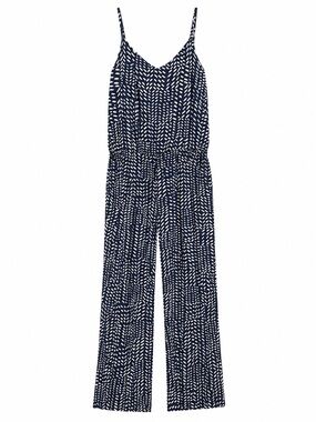 LOFT Navy Cream Printed Wide Leg Jumpsuit Size Small Pockets
